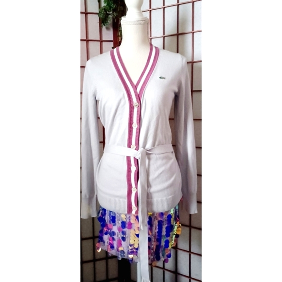 Lacoste Women's Stipe Detail Belted Button-Front Cardigan - Grey/Pink - Picture 6 of 16